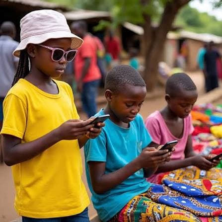 Children using tablets together outdoors
